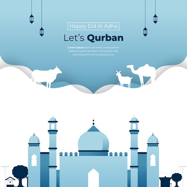 Diseño e ilustración de la celebración de Eid AlAdha con mezquita, vaca, cabra, camello e ilustración de hojas.