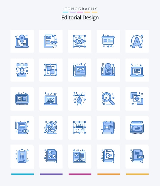 Diseño editorial creativo 25 paquete de iconos azules, como diseño de presentación de texto, arte de caballete