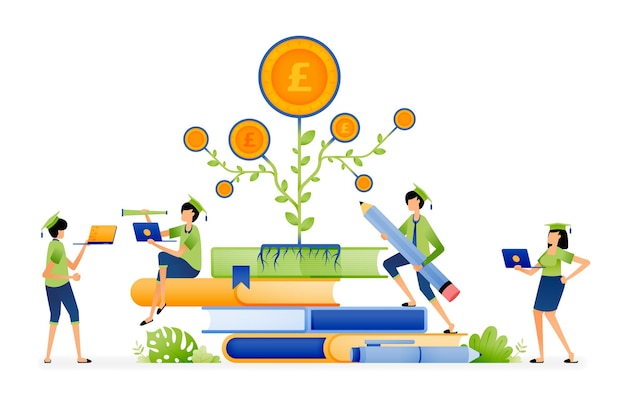 Diseño de educación de inversión rentable en la futura pila de libros con plantas que crecen y ganan dinero