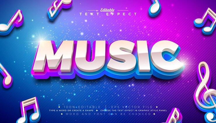 Vector diseño de efectos de texto de música 3d efecto de estilo gráfico vectorial editable con texto de gradiente azul y magenta