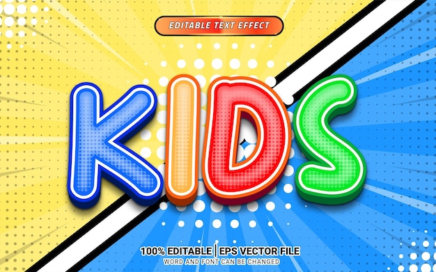 Diseño de efectos de texto vectorial 3D colorido de dibujos animados para niños