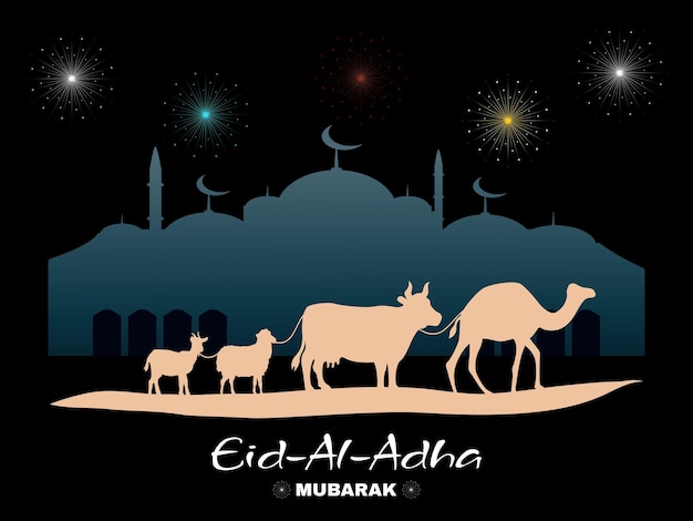 Diseño de eid al adha mubarak con ornamentos mezquita camello vaca cabra y oveja diseño vectorial premium