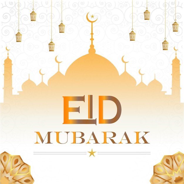 Diseño de Eid Mubarak 2023 con mezquita al fondo