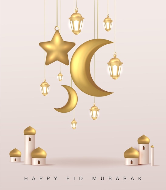 Diseño de Eid Mubarak con ilustración vectorial de ornamento realista en 3D