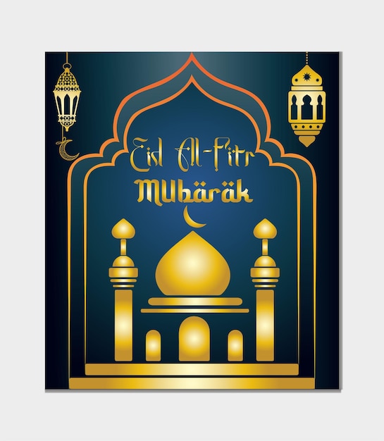 Diseño de Eid Mubarak en mezquita dorada de arte de papel con la luna de color dorado