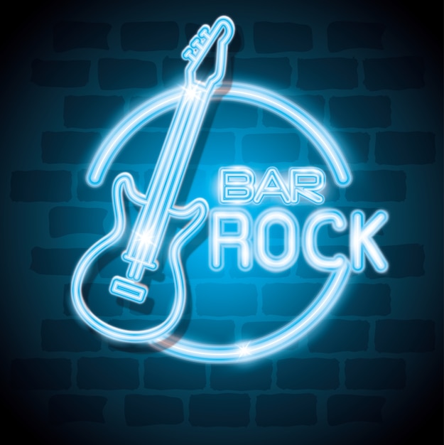 diseño del ejemplo del vector de la etiqueta de neón de la música rock bar