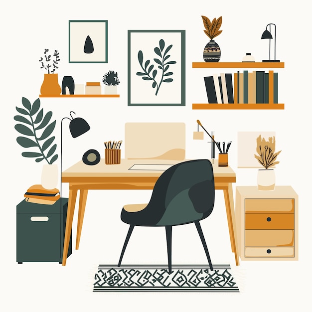 Diseño elegante y acogedor de la oficina en el hogar con decoración moderna