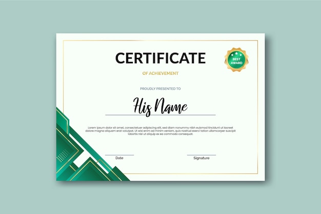 Diseño elegante del certificado sobre un fondo blanco con una esquina geométrica verde y dorada