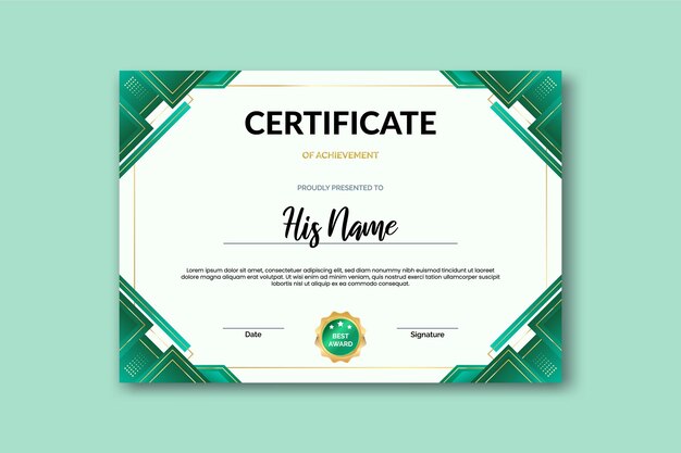 Diseño elegante del certificado sobre un fondo blanco con una esquina geométrica verde y dorada