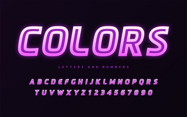 Diseño elegante de las coloridas letras y números sans serif que brillan intensamente
