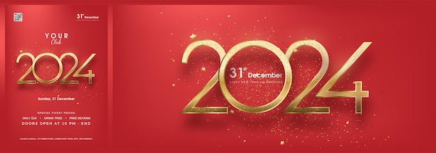 Vector diseño elegante de feliz año nuevo 2024 con números de oro de lujo en un fondo rojo sólido diseño premium para la fiesta de año nuevo