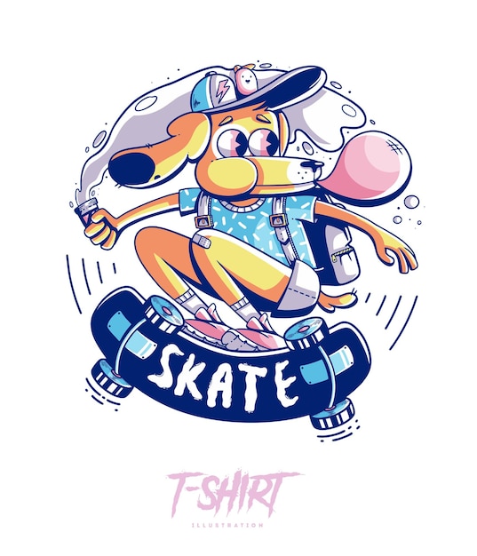 Diseño elegante de la ilustración y de la camiseta del patinador del perro