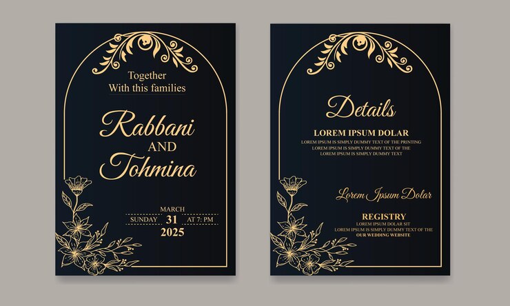 Diseño elegante de invitaciones de boda con acentos florales y dorados