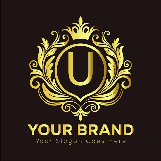 Diseño elegante del logotipo de la cresta dorada para la solución de marca empresarial de lujo y estilo de U