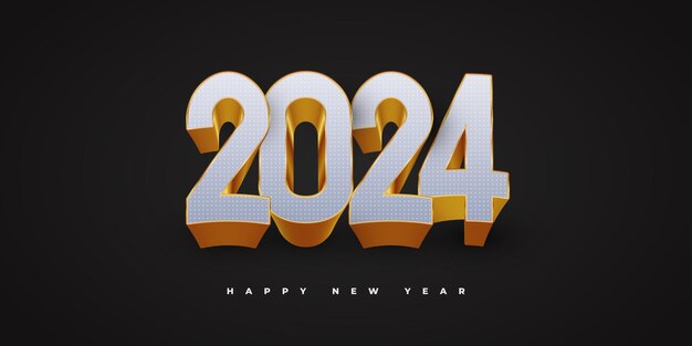 Diseño elegante y lujoso de banner o cartel de Año Nuevo 2024 con números 3D blancos y dorados Diseño de Año Novo 2024