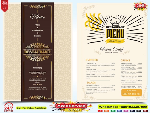 Diseño elegante del menú del restaurante con acentos dorados