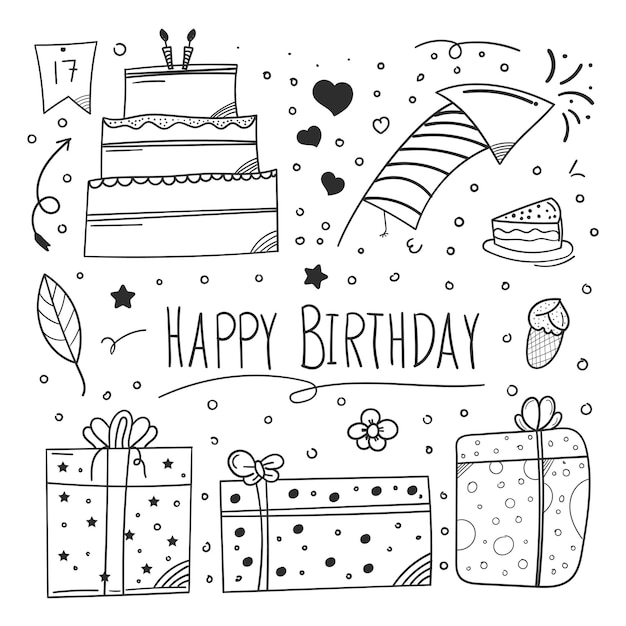 Diseño de elemento de feliz cumpleaños con uso de estilo doodle para invitación de diseño de elemento