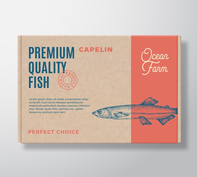 Diseño de embalaje abstracto de caja de cartón realista de pescado de primera calidad.