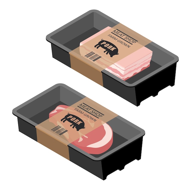 Diseño de embalaje de carne de cerdo cruda fresca y comida para el vientre Aislado en fondo blanco Vista isométrica Vector
