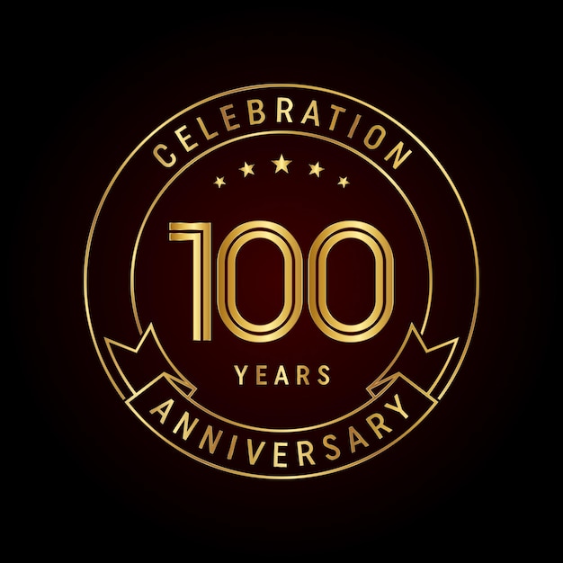 Diseño del emblema del 100 aniversario con número dorado y cinta Plantilla vectorial de diseño de arte lineal