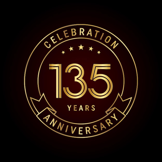 Diseño del emblema del 135 aniversario con número dorado y cinta Plantilla vectorial de diseño de arte lineal
