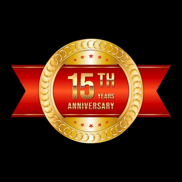 Diseño del emblema del 15.º aniversario con color dorado y cinta roja Logo Vector Template Illustration