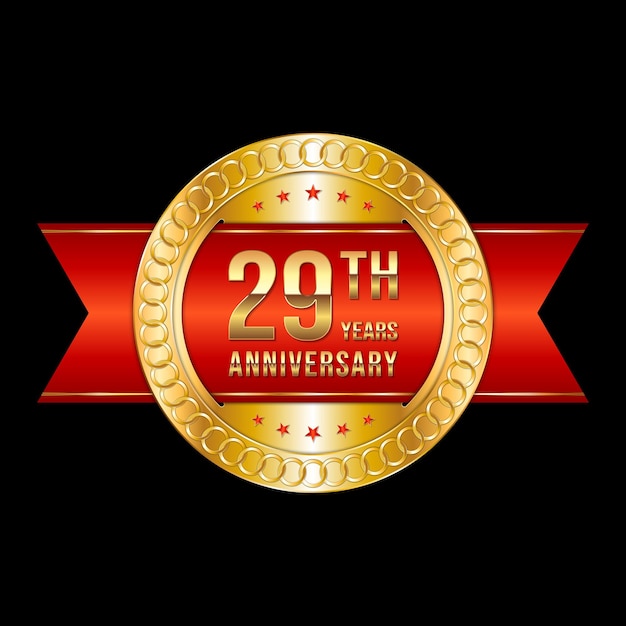 Diseño del emblema del 29 aniversario con color dorado y cinta roja Ilustración de plantilla de vector de logotipo