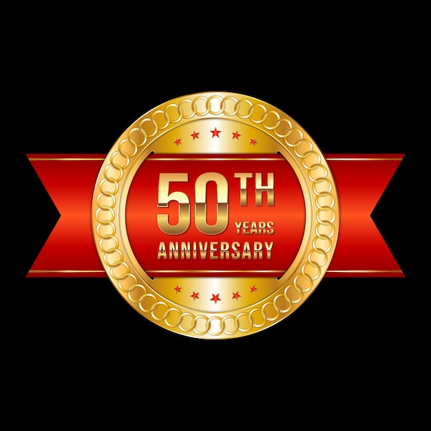 Diseño del emblema del 50 aniversario con color dorado y cinta roja Logo Vector Plantilla Ilustración