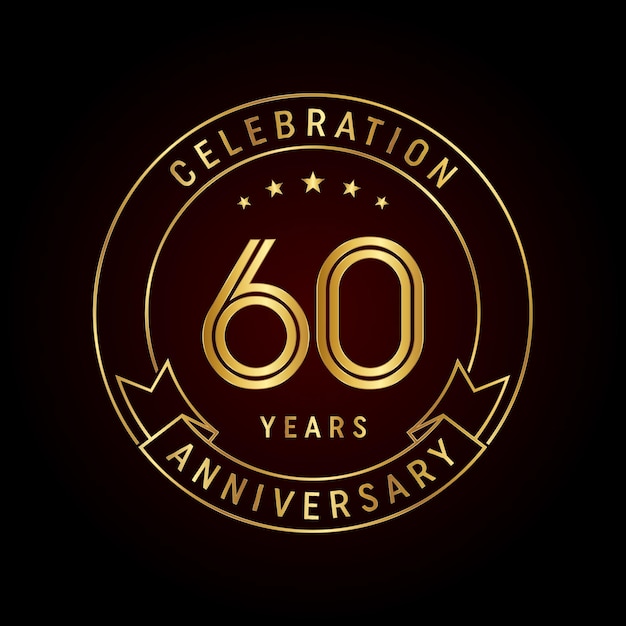 Diseño del emblema del 60 aniversario con número dorado y cinta Plantilla vectorial de diseño de arte lineal