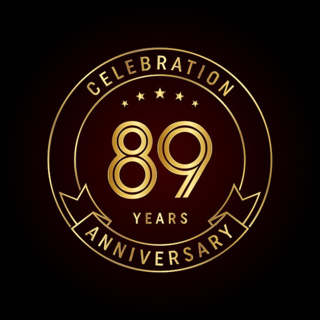 Diseño del emblema del 89 aniversario con número dorado y cinta Plantilla vectorial de diseño de arte lineal