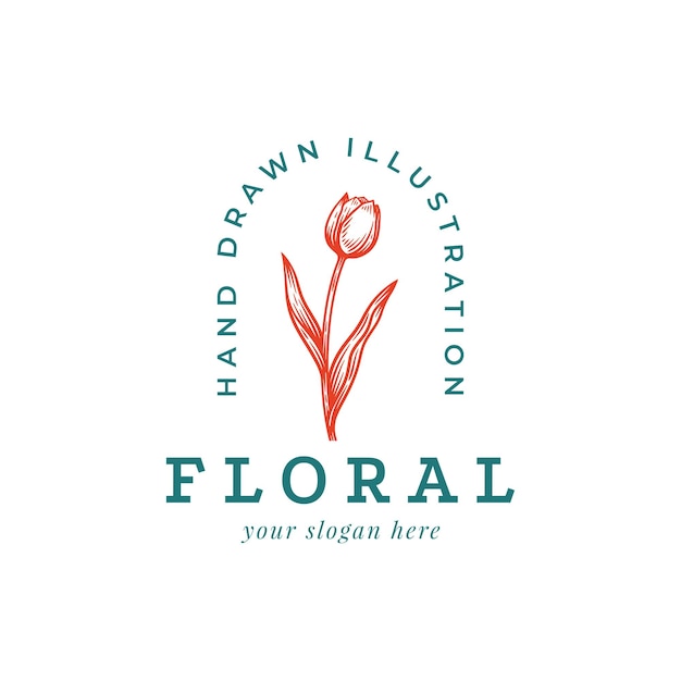 Diseño del emblema botánico floral de la flor del tulipán dibujado a mano