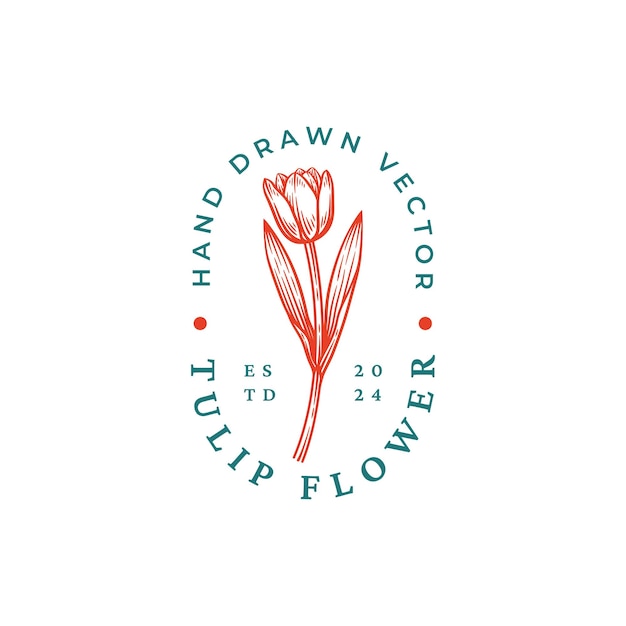 Diseño del emblema botánico floral de la flor del tulipán dibujado a mano