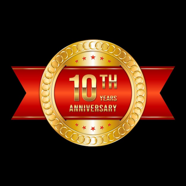 Diseño del emblema del décimo aniversario con color dorado y cinta roja Logo Vector Plantilla Ilustración