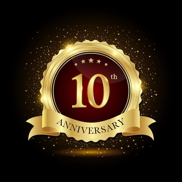 Diseño de emblema dorado del décimo aniversario para evento de cumpleaños Logotipo de aniversario Plantilla de aniversario