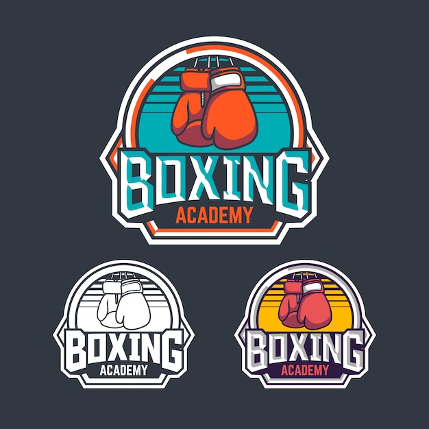 Diseño de emblema de logotipo de insignia retro de academia de boxeo con paquete de ilustración de boxeador