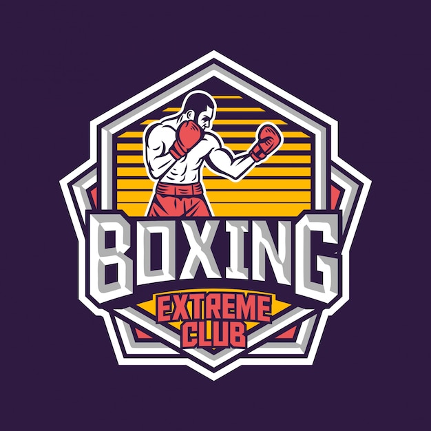 Diseño de emblema de logotipo de insignia retro de club extremo de boxeo con ilustración de boxeador
