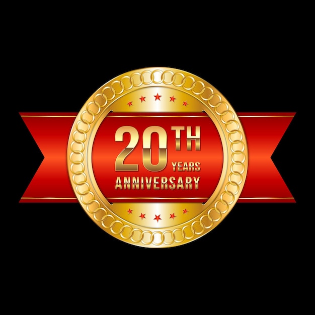 Diseño del emblema del vigésimo aniversario con color dorado y cinta roja Logo Vector Template Illustration