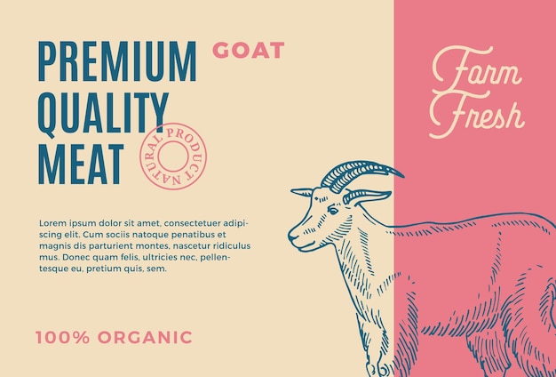 Diseño de empaque de carne vectorial abstracta de cabra de calidad premium o etiqueta Tipografía moderna y diseño de fondo de silueta de cabra dibujada a mano