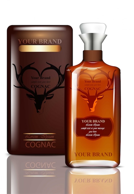 Diseño de empaquetado de Old Vintage Cognac. Producto realista con etiqueta de marca. Lugar para textos