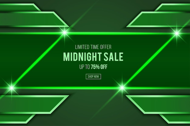 Diseño de encabezado de estilo neón de venta de medianoche verde para pancarta o afiche. Concepto de venta y descuentos