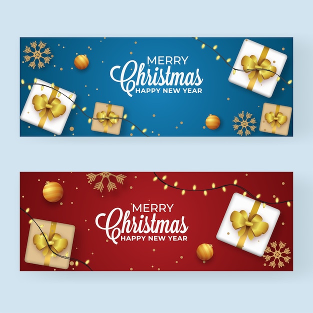 Diseño de encabezado o banner azul y rojo decorado con vista superior cajas de regalo adornos dorados copos de nieve y guirnalda de iluminación para feliz navidad y año nuevo