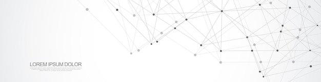 Diseño de encabezado o banner de sitio web con fondo geométrico abstracto y puntos y líneas de conexión. Conexión de red global. Tecnología digital con fondo de plexo y espacio para su texto.