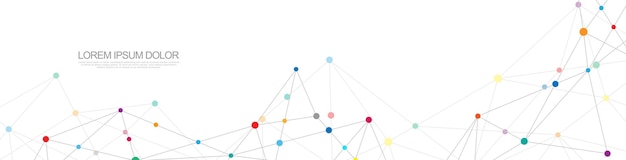 Diseño de encabezado o banner de sitio web con fondo geométrico abstracto y puntos y líneas de conexión. Conexión de red global. Tecnología digital con fondo de plexo y espacio para su texto.