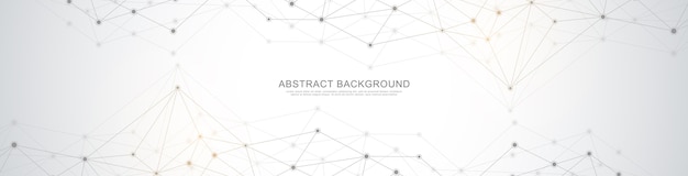 Diseño de encabezado o banner de sitio web con fondo geométrico abstracto y puntos y líneas de conexión. Conexión de red global. Tecnología digital con fondo de plexo y espacio para su texto.