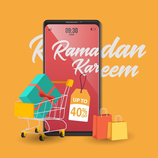 Diseño de encabezado o banner web de ramadan sale con luna creciente y ofertas planas de 40 de descuento en un patrón floral