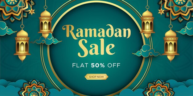 Diseño de encabezado web de banner de venta de ramadan kareem con plantilla de linternas intrincadas colgantes