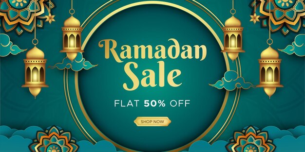 Vector diseño de encabezado web de banner de venta de ramadan kareem con plantilla de linternas intrincadas colgantes