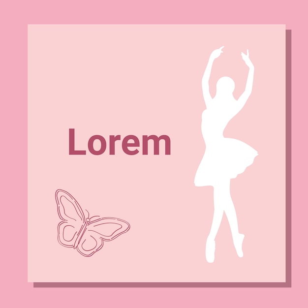 Diseño de entradas de teatro Plantilla de volante de ballet Silueta blanca de bailarina en el tutú y zapato de punta con mariposa Diseño de tarjeta rosa con texto de espacio de copia Ilustración vectorial