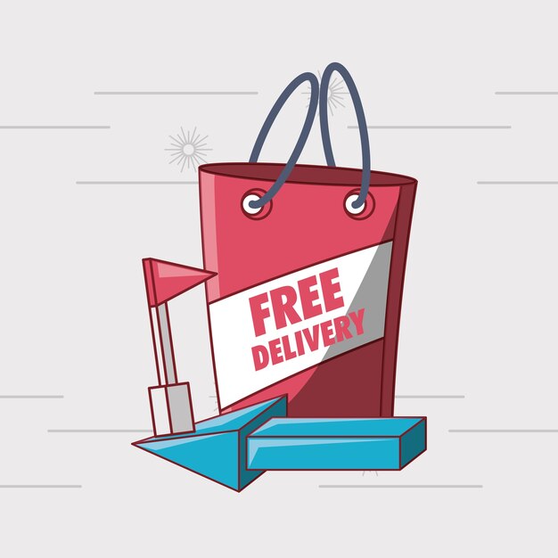 diseño de entrega gratis con bolsa de compras e icono de flecha