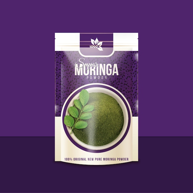 Diseño de envases de bolsa vectorial y maqueta realista de Moringa editable